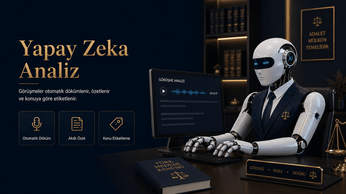 Yapay Zeka Analiz panelinde görüşme dökümü, otomatik konu etiketlemesi ve dosya notu oluşturma ekranı
