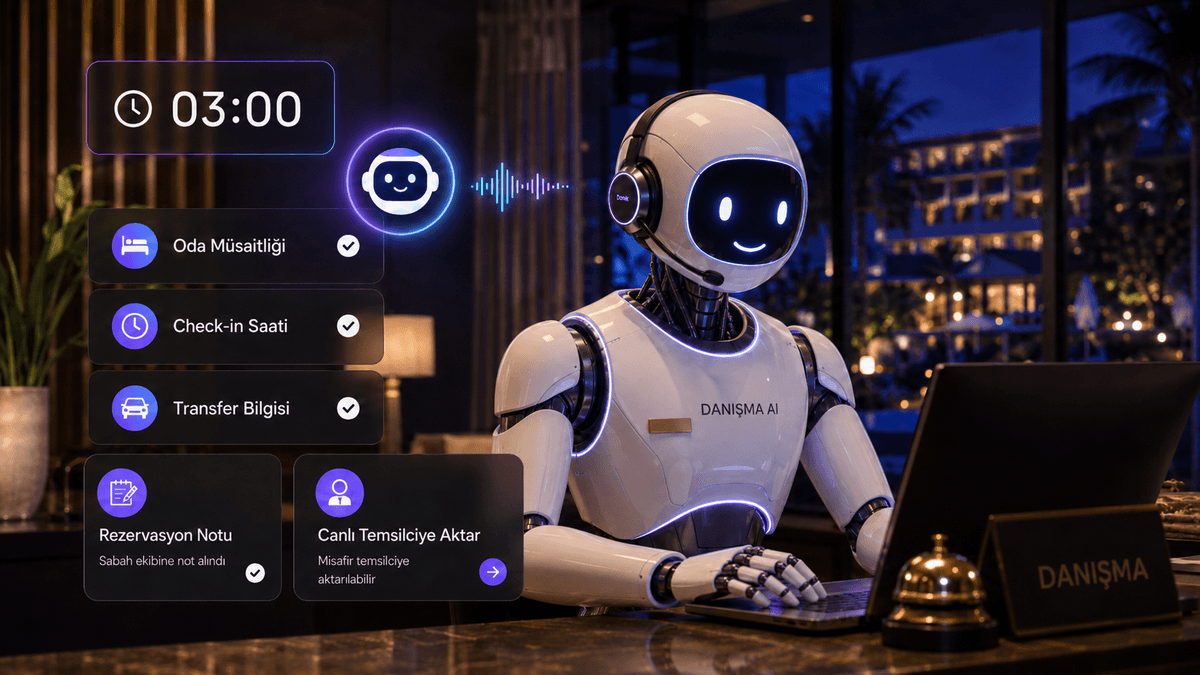 Gece yarısı arayan misafire oda müsaitliği ve check-in bilgisi veren, gerektiğinde canlı temsilciye aktaran Yapay Zeka Asistan