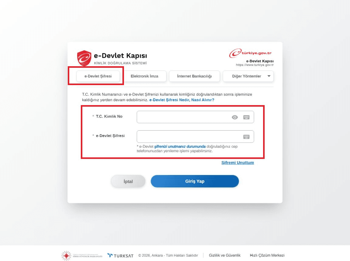 e-Devlet Şifresi ile Giriş